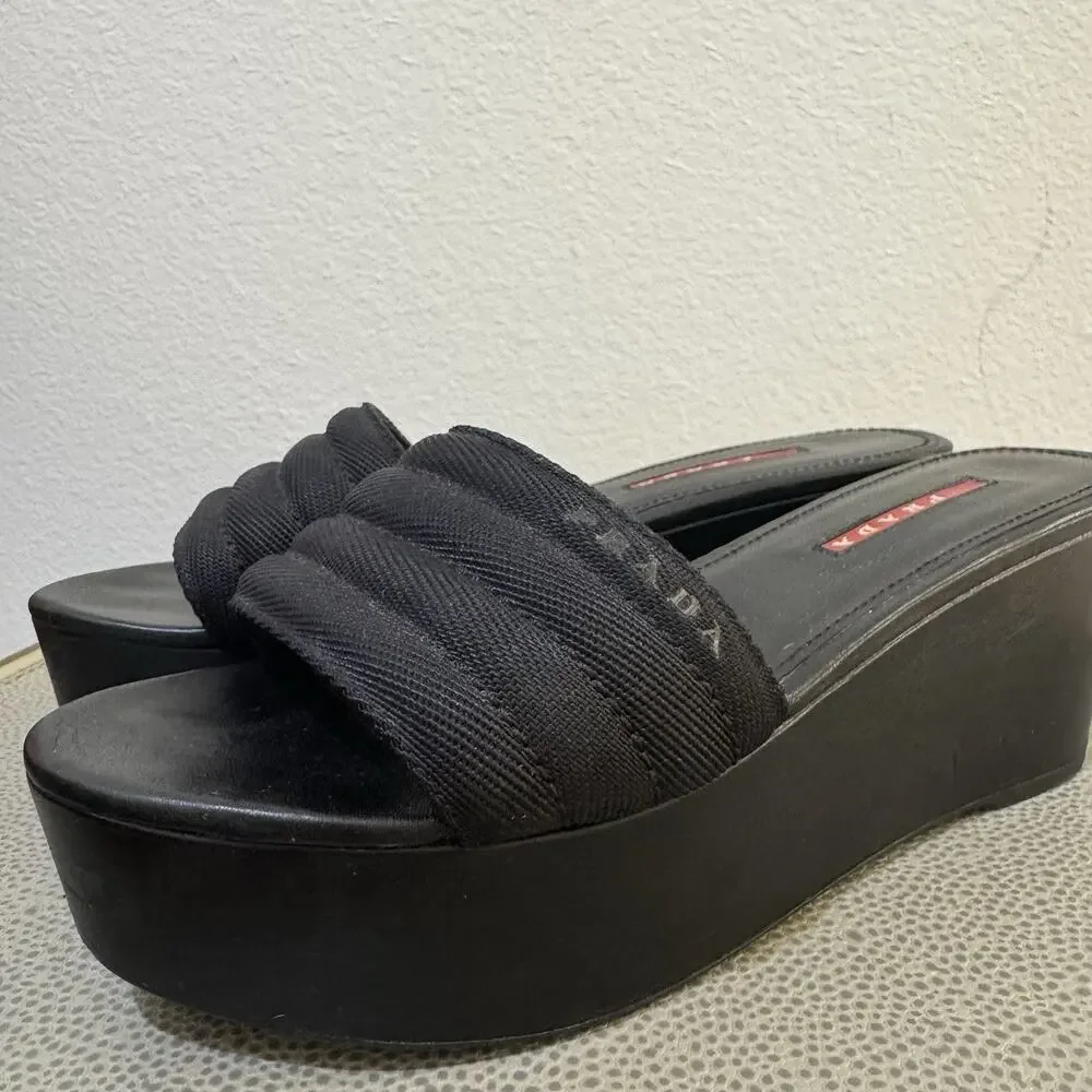 PRADA Logo Black Platform Slide Sandals Size 38.5 Y2K Vintage